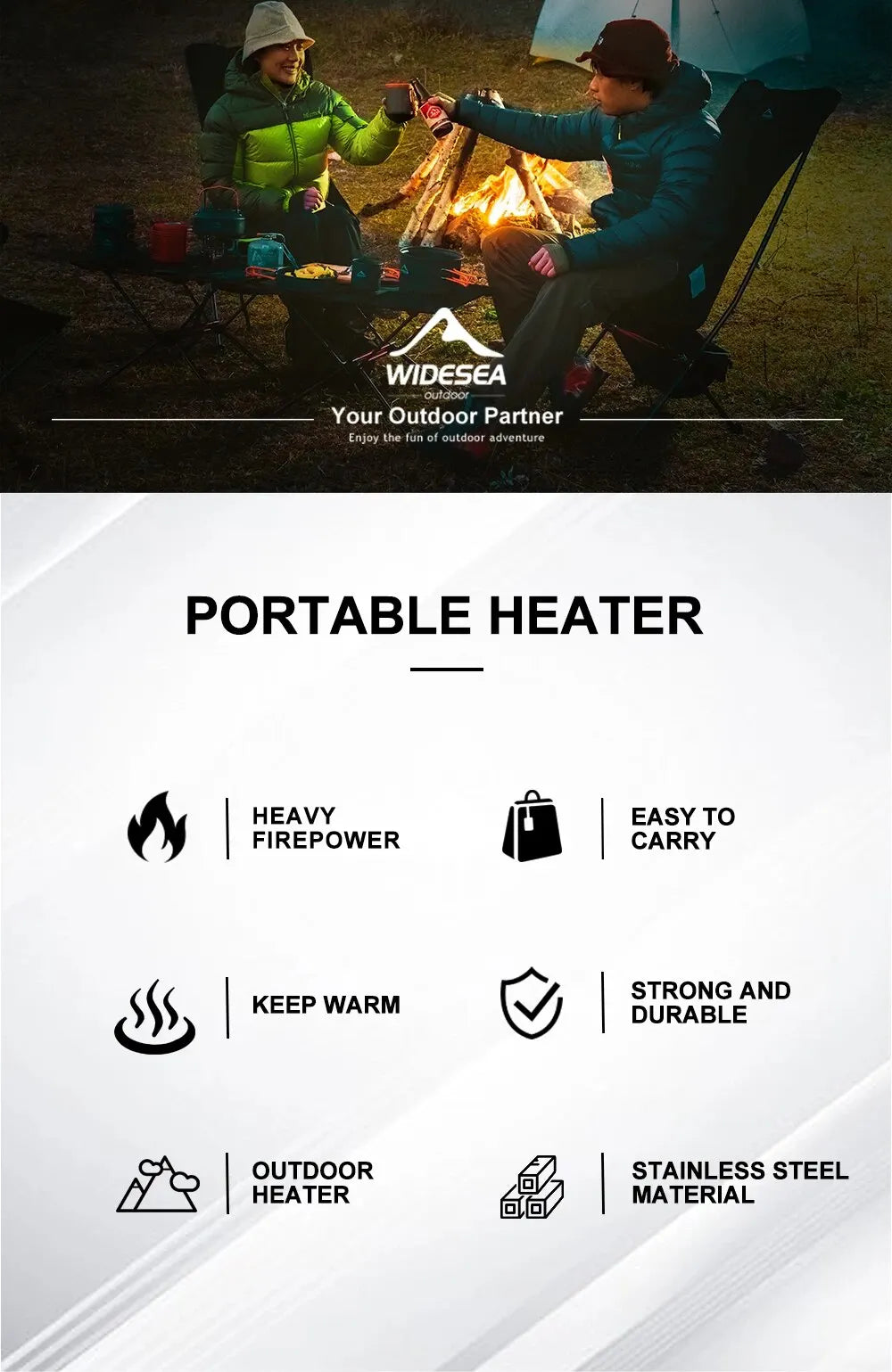 Widesea Camping-Heizung, tragbarer Kamin aus Edelstahl für den Winter, Outdoor, Herd, Wandern, Gasbrenner, Heizung, Überlebensausrüstung