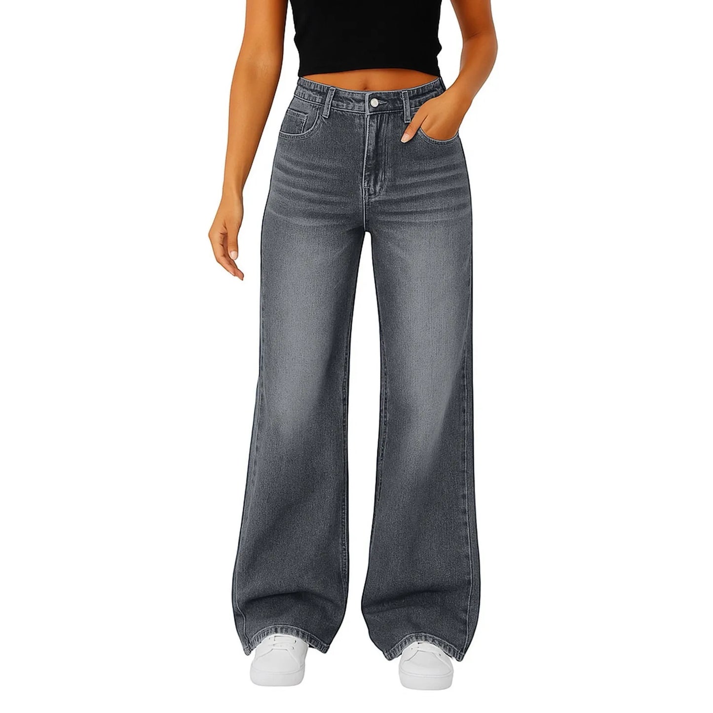 Jeans mit weitem Bein für Damen, hellblau, hohe Taille, schlichtes Design, modische Hose, locker sitzende Hose mit hohem Bund, geeignet für den Alltag