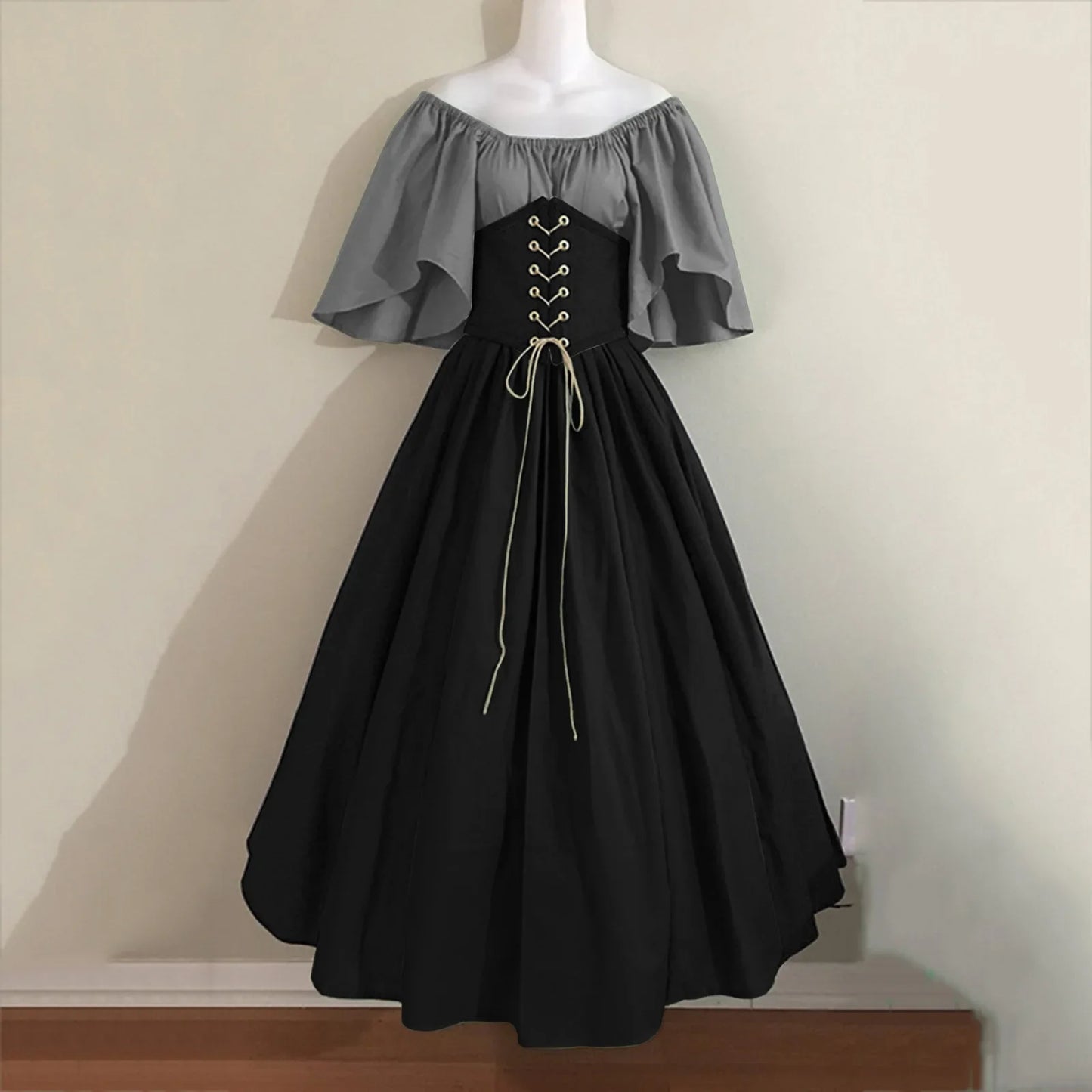 Halloween-Kostüme für Damen, mittelalterlich, Retro, Kontrastfarbe, schmales Swing-Kleid, Ein-Wort-Schulterkleid, Love Live Cosplay