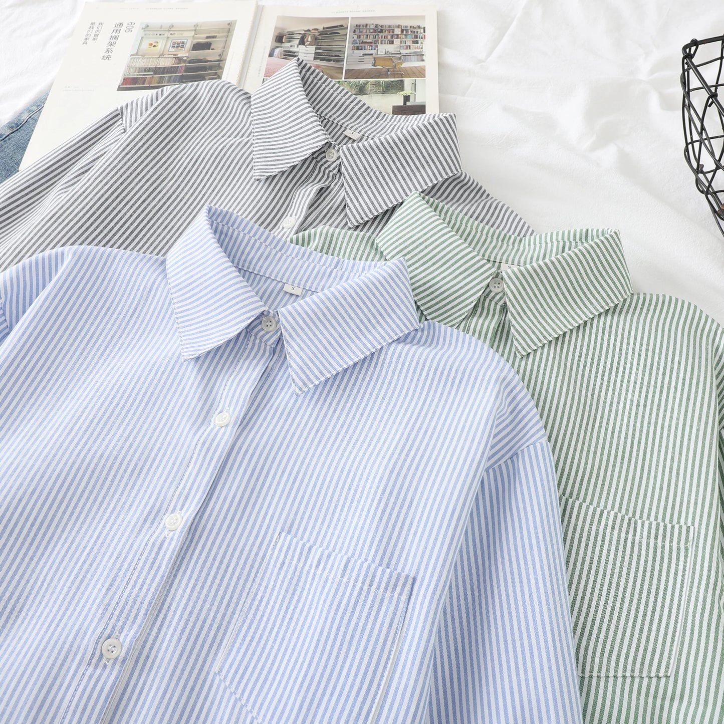 Einfache weiß blau rot gestreifte Hemd Frauen Frühling neue weibliche lässige Langarm Blusen und Tops Mode Damen Kleidung