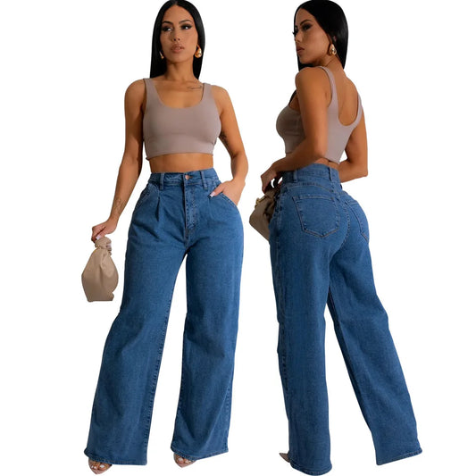Jeans Frauen lange Hosen Denim weites Bein Hose Slim Fit lässig y2k Streetwear Knopf Tasche hohe Taille elegante gerade Hose