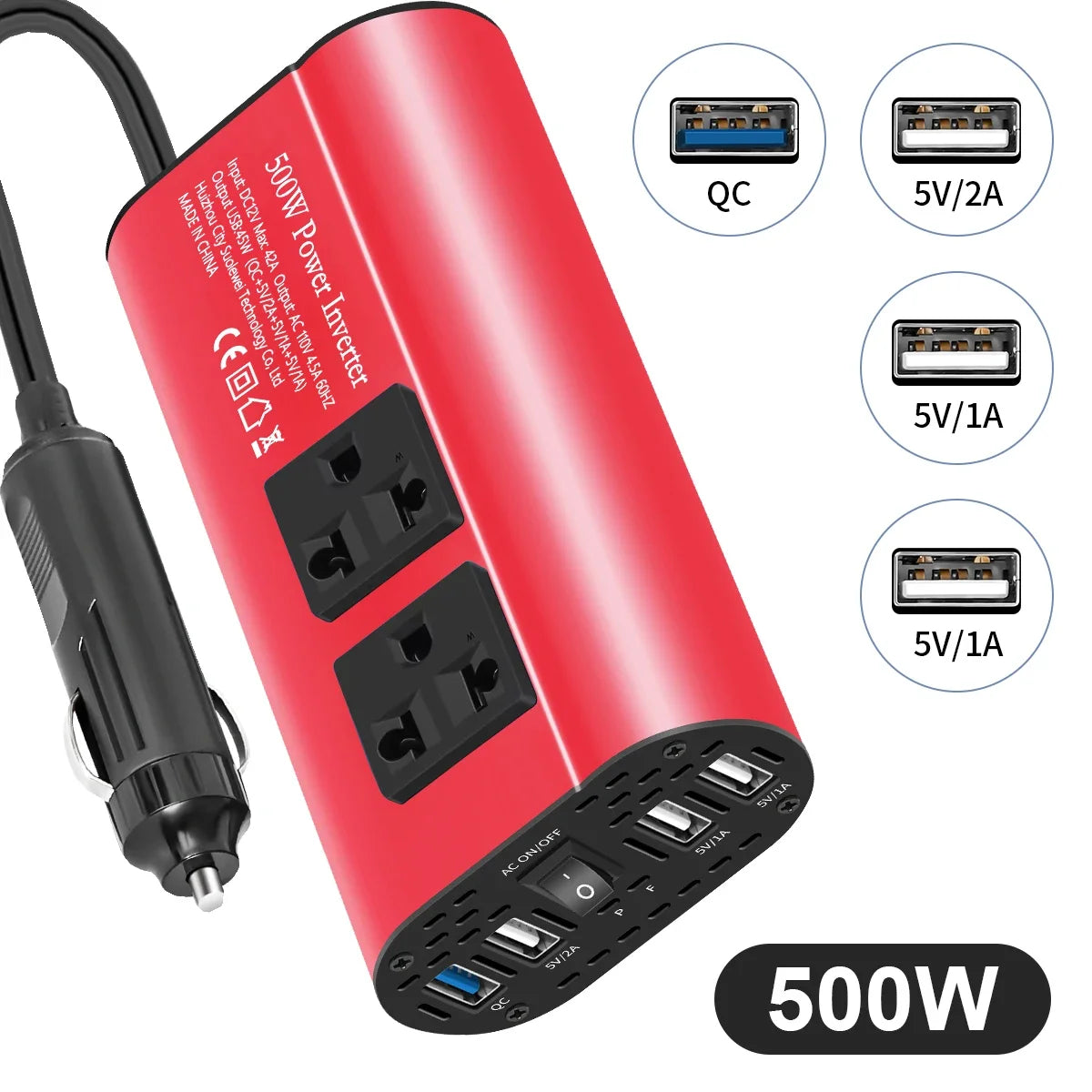 400 W/500 W Auto-Wechselrichter DC 12 V auf AC 220 V Konverter, 3 USB 2.0 und 1 USB QC3.0 Steckdose nach europäischem Standard