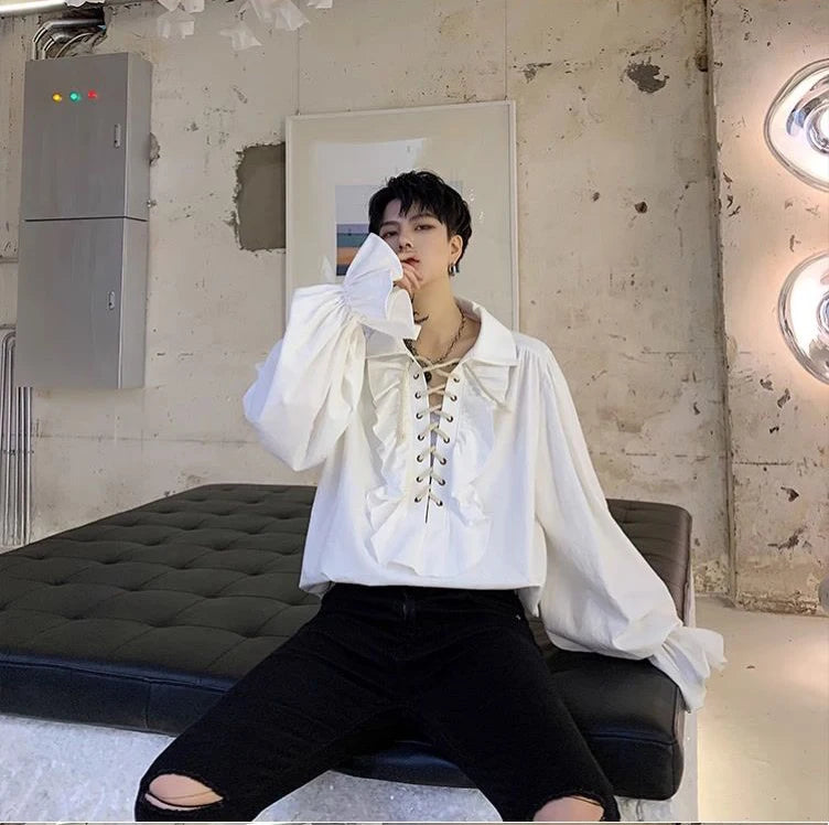 Piratenhemd für Herren, Vintage-Gothic-Renaissance-Stil, Rüschen, Schnürung, mittelalterliches Buccaneer-Blusenoberteil für alle Jahreszeiten