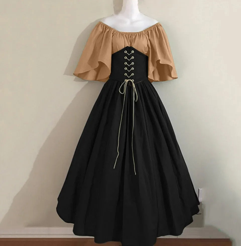 Halloween-Kostüme für Damen, mittelalterlich, Retro, Kontrastfarbe, schmales Swing-Kleid, Ein-Wort-Schulterkleid, Love Live Cosplay