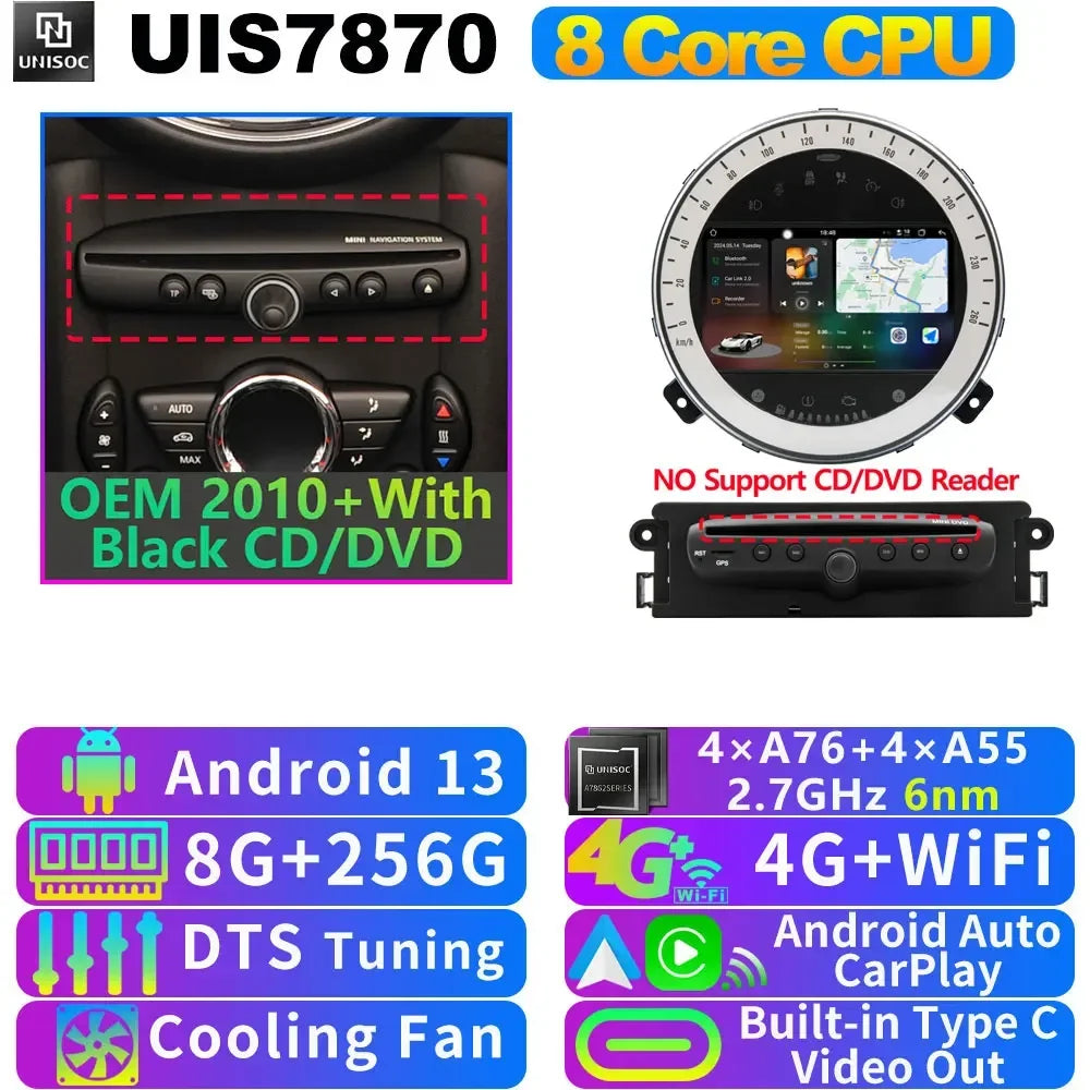 UIS7870 6nm 12G + 256G Android 13 Auto GPS Radio Player Für BMW Mini Cooper R55 R56 R57 R58 R59 R60 2010-2016 CarPlay Video Stereo