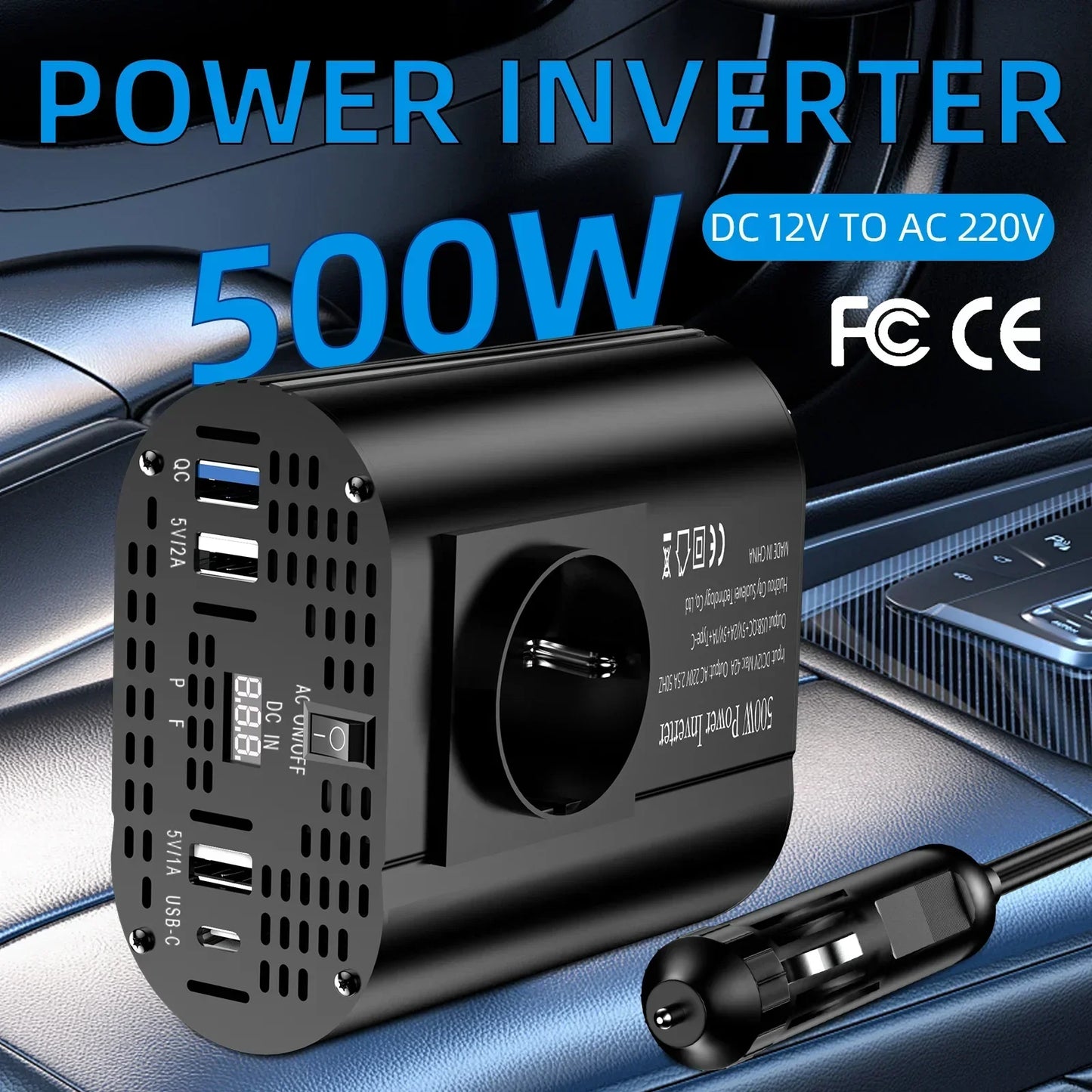 400 W/500 W Auto-Wechselrichter DC 12 V auf AC 220 V Konverter, 3 USB 2.0 und 1 USB QC3.0 Steckdose nach europäischem Standard