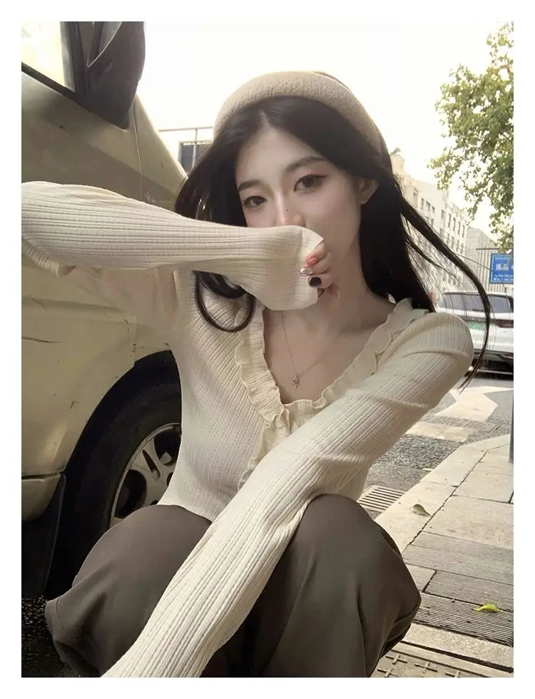 Dünne Hemden Frauen Langarm Frühling Elegante Büro Dame Vintage Rüschen Ziemlich Design Chic Gemütliche Tops Temperament Einfache Beliebt