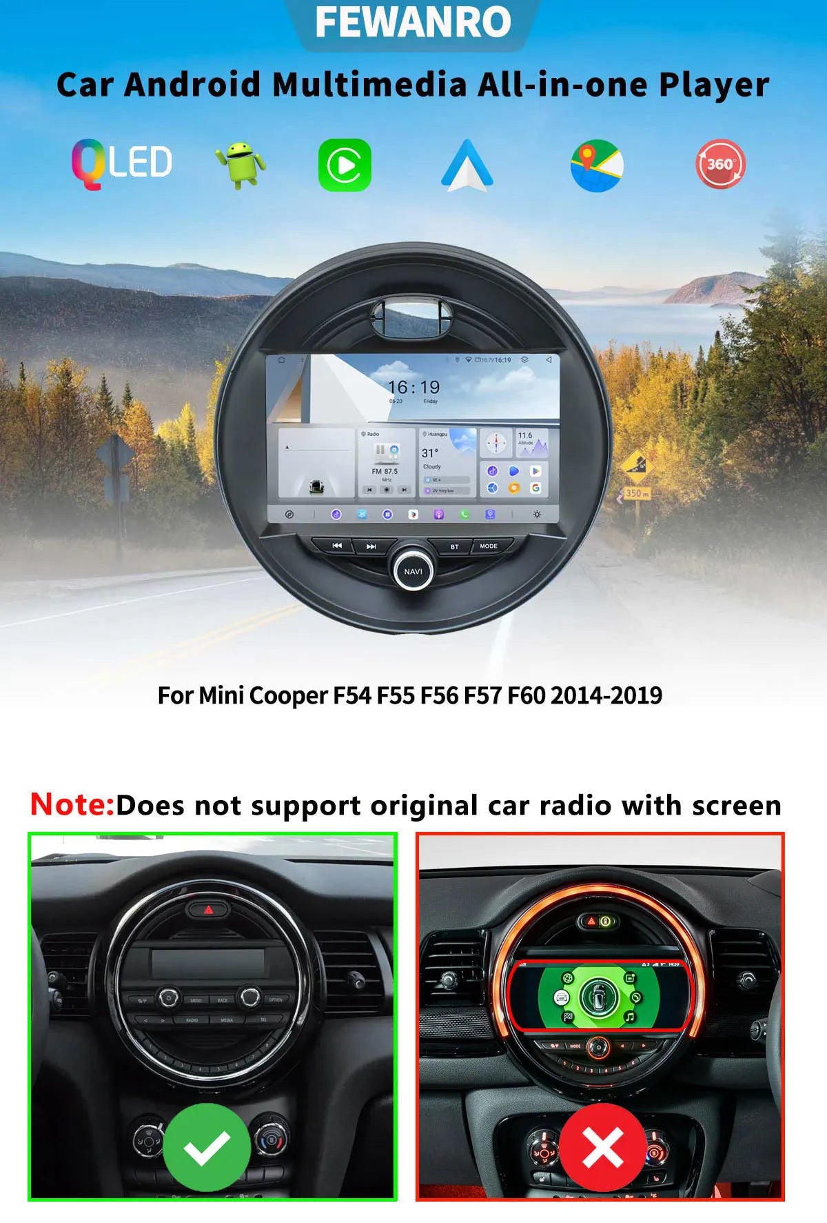 Für Mini Cooper F54 F55 F56 F57 F60 2014-2019 Head Unit Android 14 8Core QLED GPS Navigation CarPlay auto Radio Multimedia Player