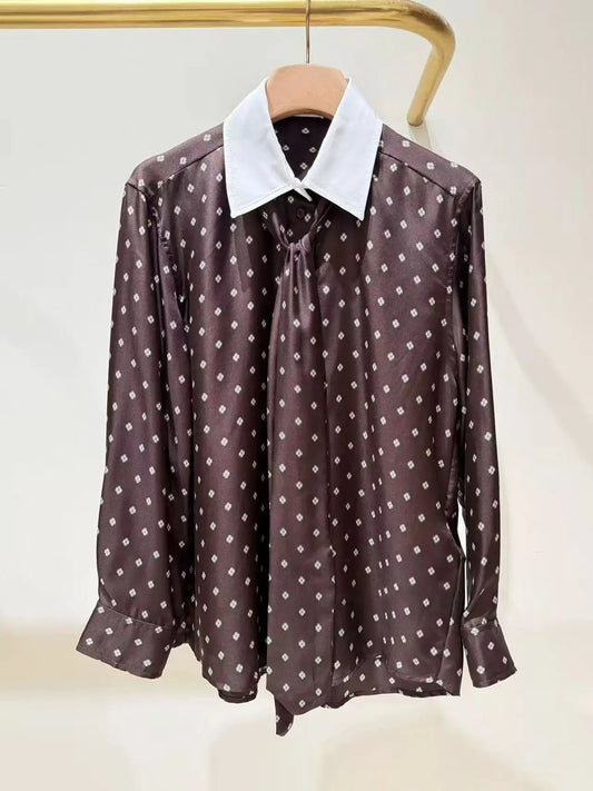 2025 herbst Neue frauen Krawatte Kontrast Farbe Drehen-unten Kragen Hemd Einreiher Lange Ärmeln Dame Floral Gedruckt braun Top