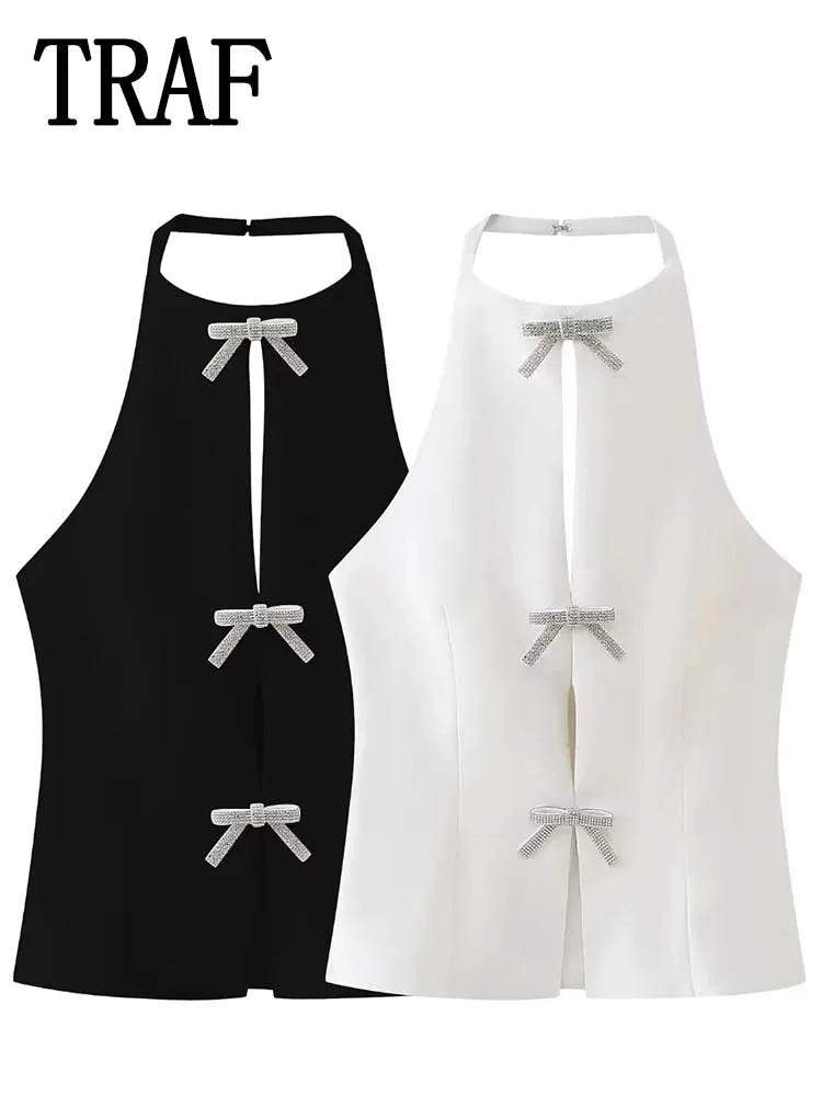 Sommer Top Weibliche Schmuck Bogen Dekoration Hängenden Hals Kragen Ärmelloses Top 2025, frauen Hübsche Sling Top