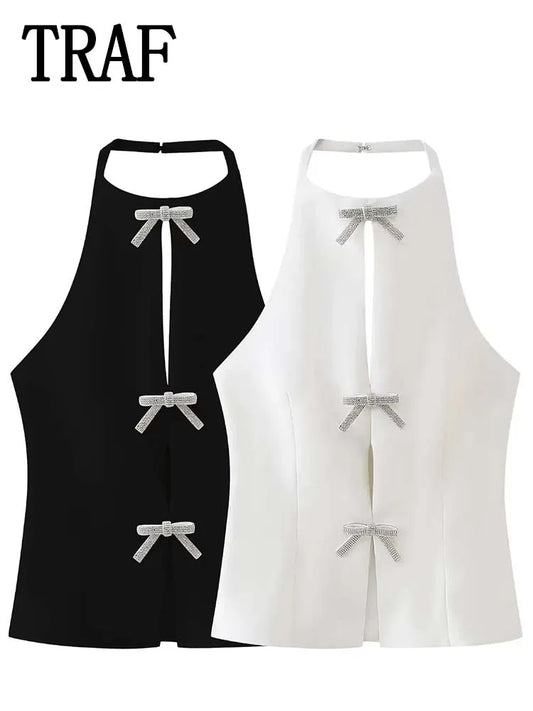 Sommer Top Weibliche Schmuck Bogen Dekoration Hängenden Hals Kragen Ärmelloses Top 2025, frauen Hübsche Sling Top