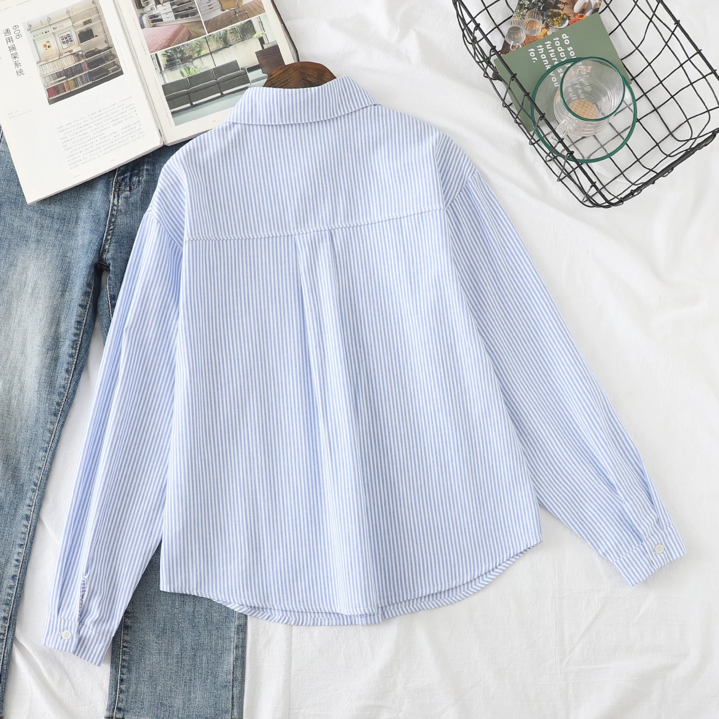 Einfache weiß blau rot gestreifte Hemd Frauen Frühling neue weibliche lässige Langarm Blusen und Tops Mode Damen Kleidung