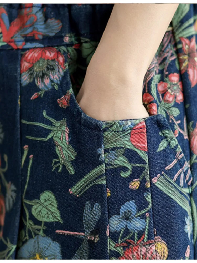 Jeans Blume Floral Print Herbst Breite Bein Hose Frauen Lose Gefaltete Mode Damen Übergroßen Hosen Elastische Taille Frau Hosen