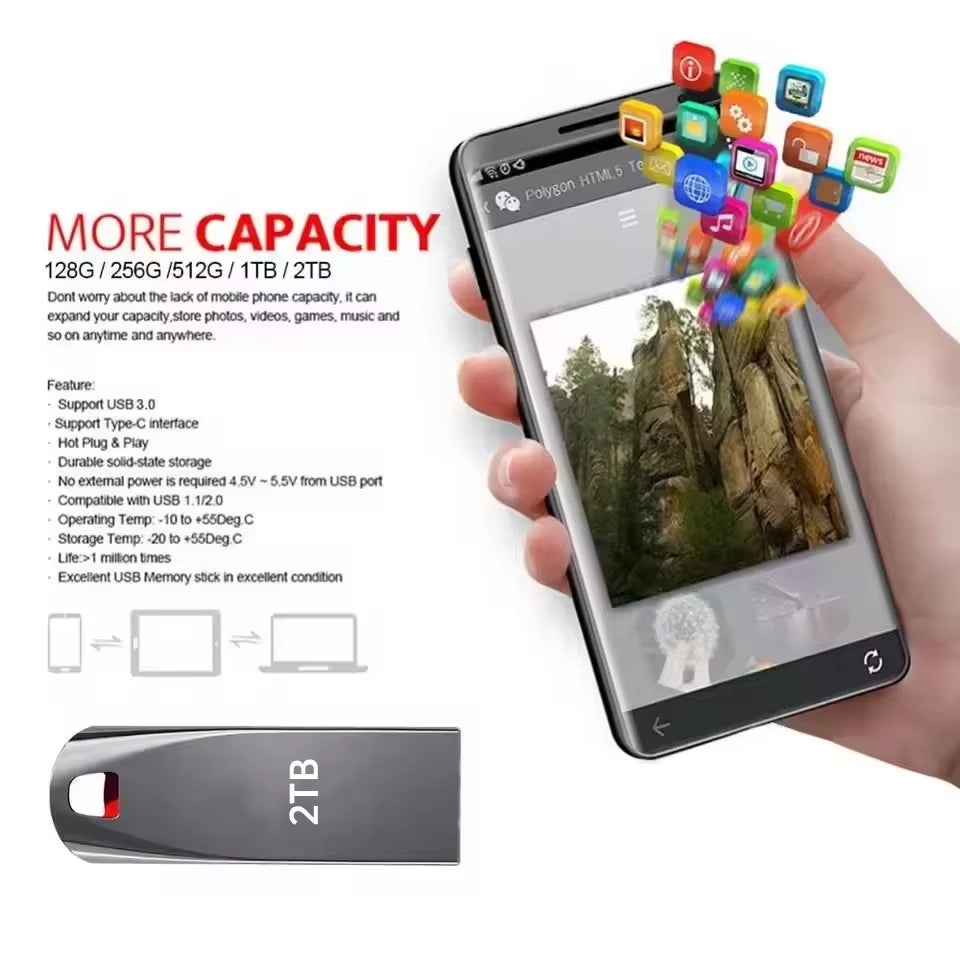 2 TB USB 3.0-Flash-Laufwerke, Hochgeschwindigkeits-Metall-Stick, 1 TB, 512 GB, 256 GB, tragbares USB-Laufwerk, wasserdichte Memoria-USB-Flash-Disk ﻿