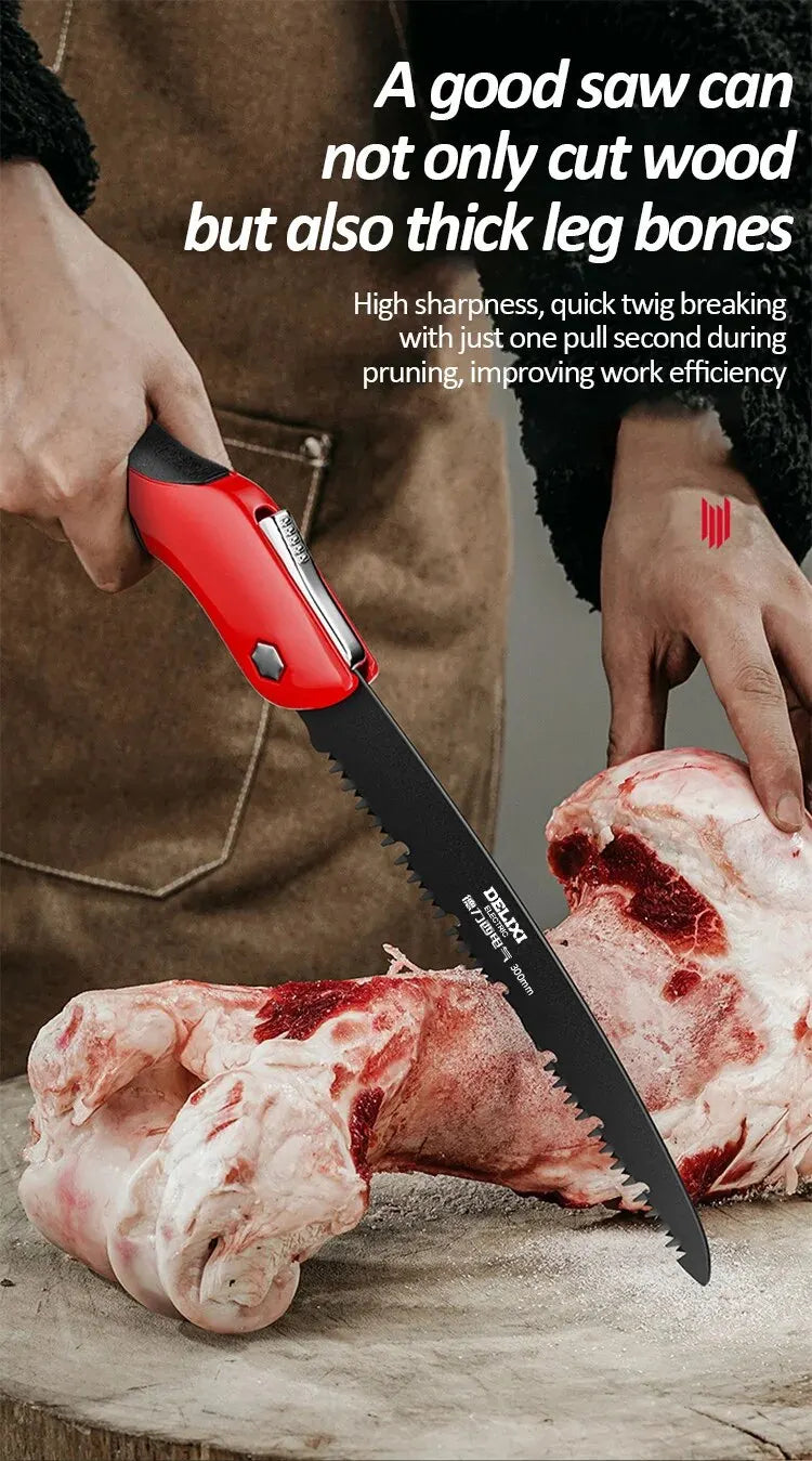 DELIXI ELEKTRISCHE Klappsäge, Ein-Knopf-Klappdesign aus SK5-Stahl, scharfes Schneiden von Holz, Camping-DIY, Gartensäge, Baumhackermesser