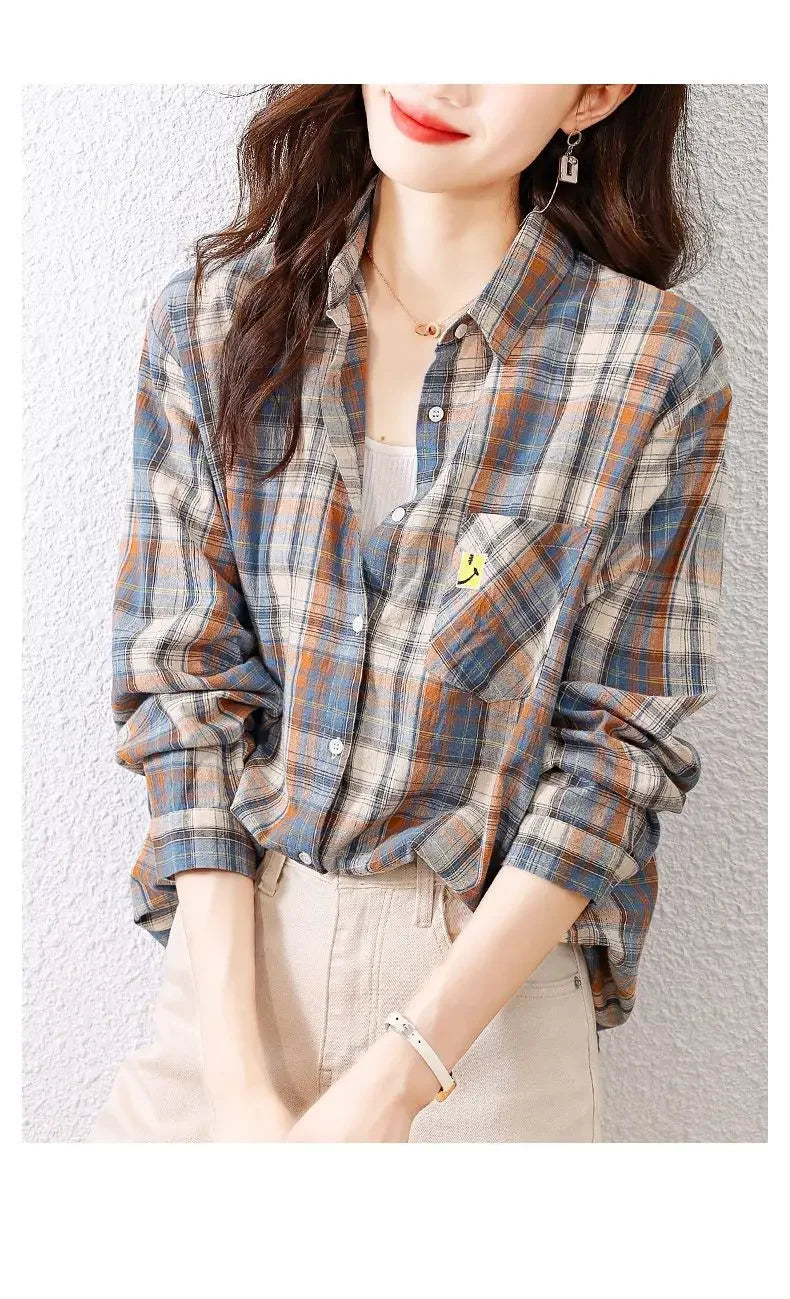 Kariertes Hemd für Frauen im Frühjahr und Herbst neues modisches und Retro-Hemd aus reiner Baumwolle, getragen mit einem fremden