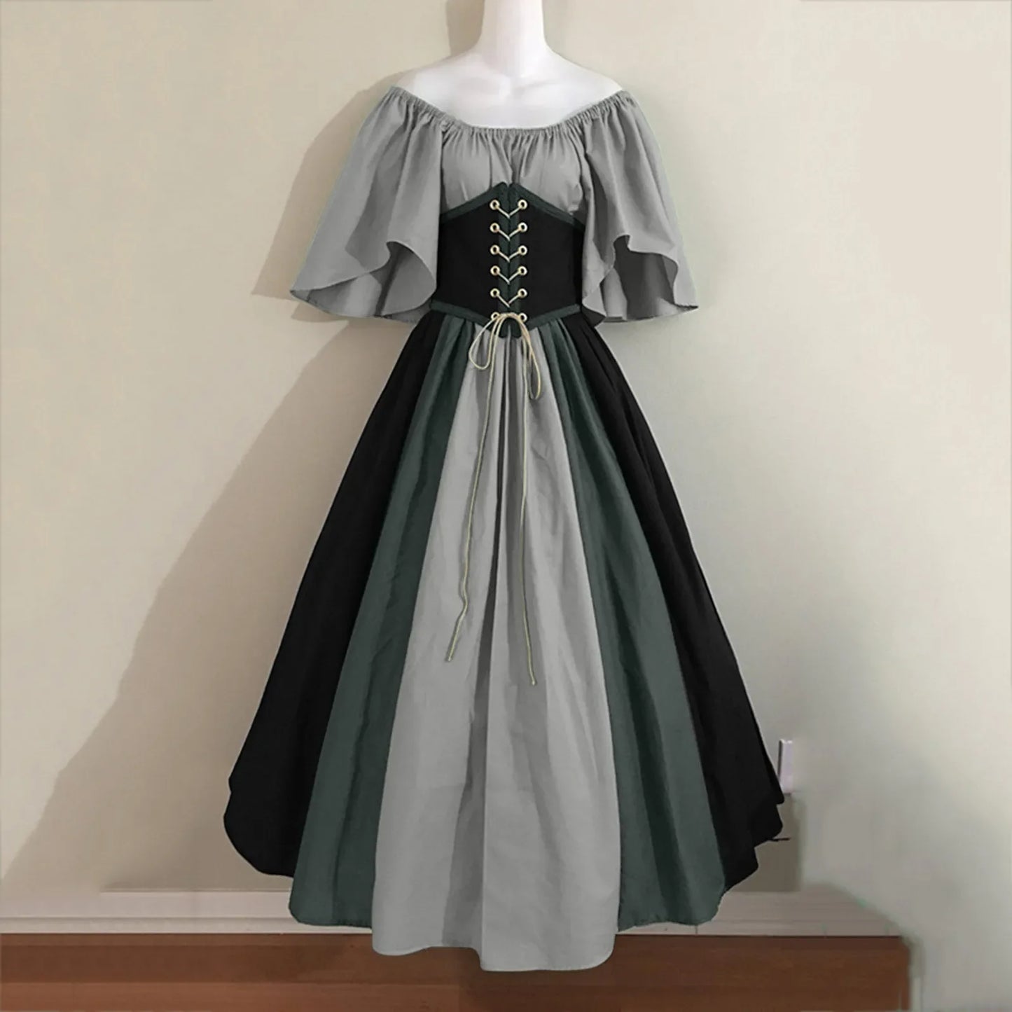 Halloween-Kostüme für Damen, mittelalterlich, Retro, Kontrastfarbe, schmales Swing-Kleid, Ein-Wort-Schulterkleid, Love Live Cosplay
