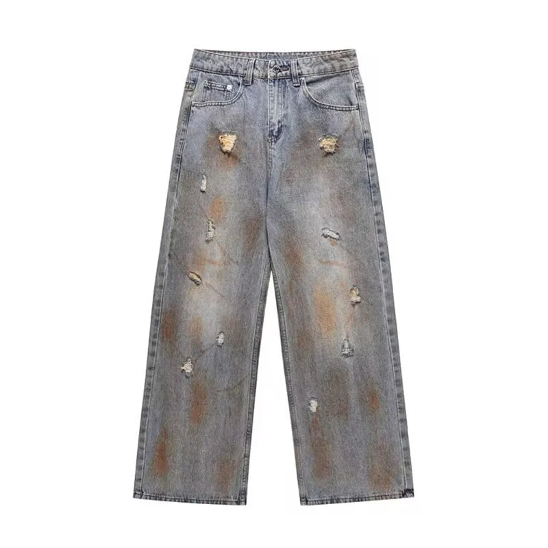 Japanische Jeans mit geradem Bein für Herren, lockere Hose mit weitem Bein, modische, lässige, zerrissene Jeans, Vintage-Y2k-Jeans