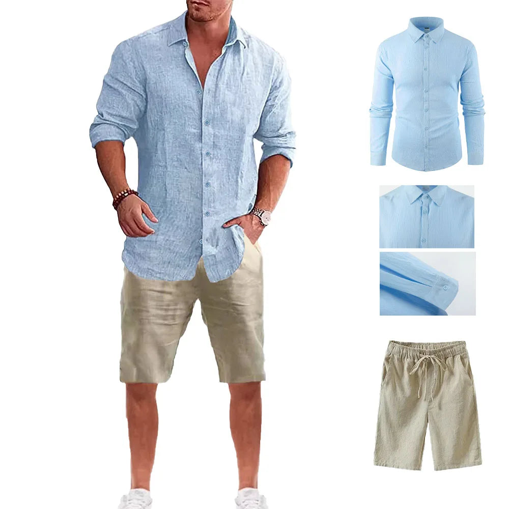 Männer Langarm Hemd Anzug Casual Einfachen Stil Revers Kragen Leichte Atmungsaktive Outfit Männliche Mode Sets Frühling Sommer