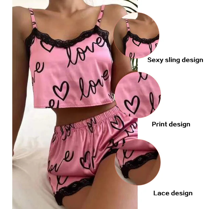2 Stück Set Damen Pyjama Shorts Anzug Homewear Print Unterwäsche Pijama sexy Dessous Leibchen Panzer für Damen Nachtwäsche