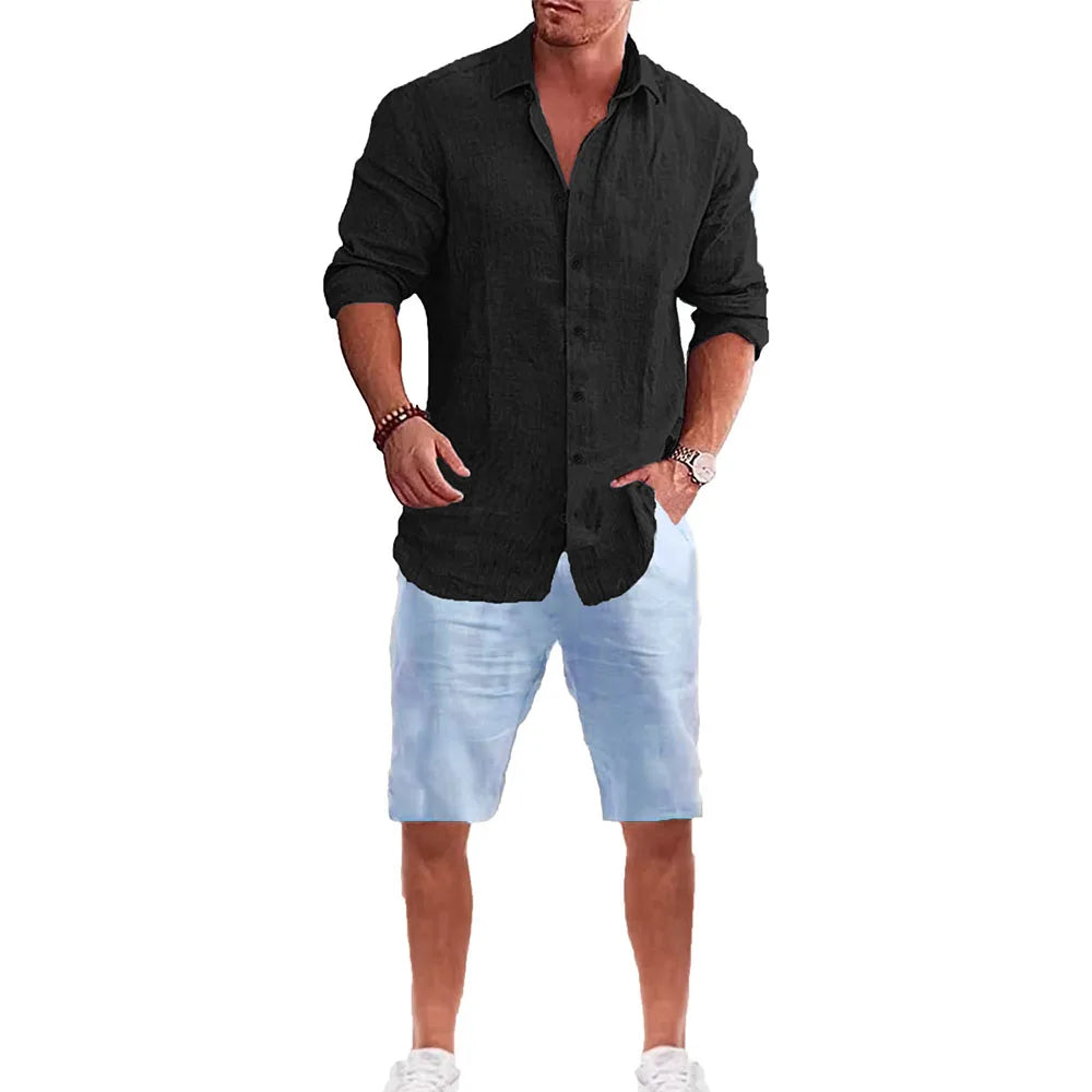 Männer Langarm Hemd Anzug Casual Einfachen Stil Revers Kragen Leichte Atmungsaktive Outfit Männliche Mode Sets Frühling Sommer