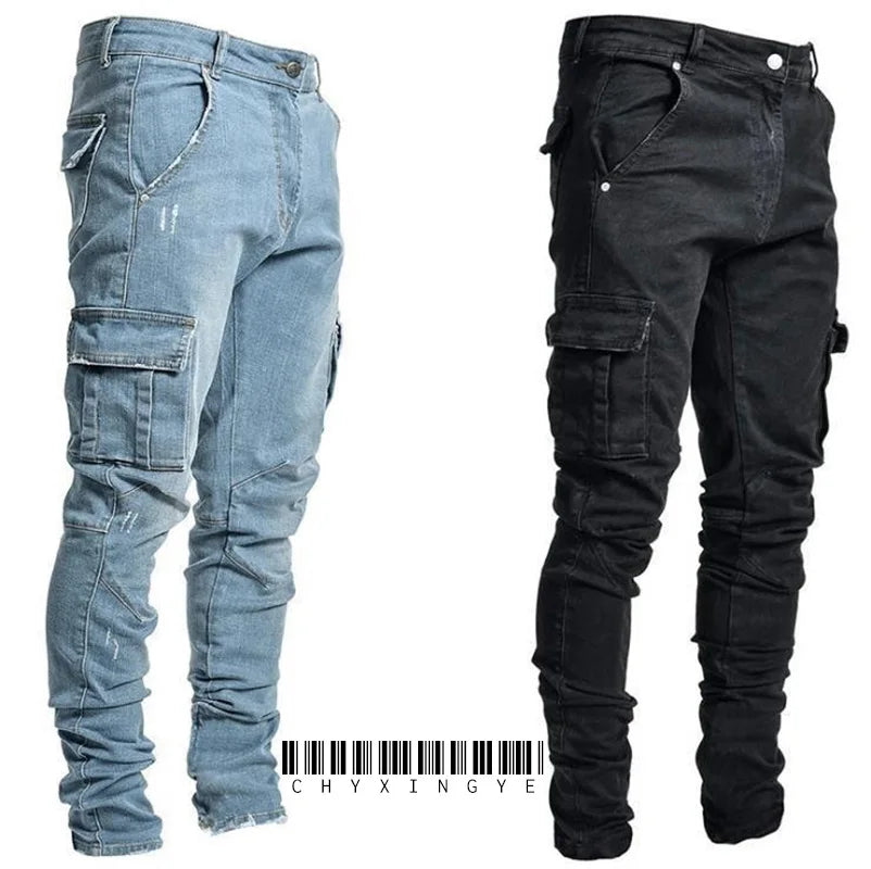 Jeans Männer Schwarz Cargo Hosen Multi Taschen Denim Pantalones Blau Slim Fit Overol Hombre Mode Casual Streetwear Hosen 3XL