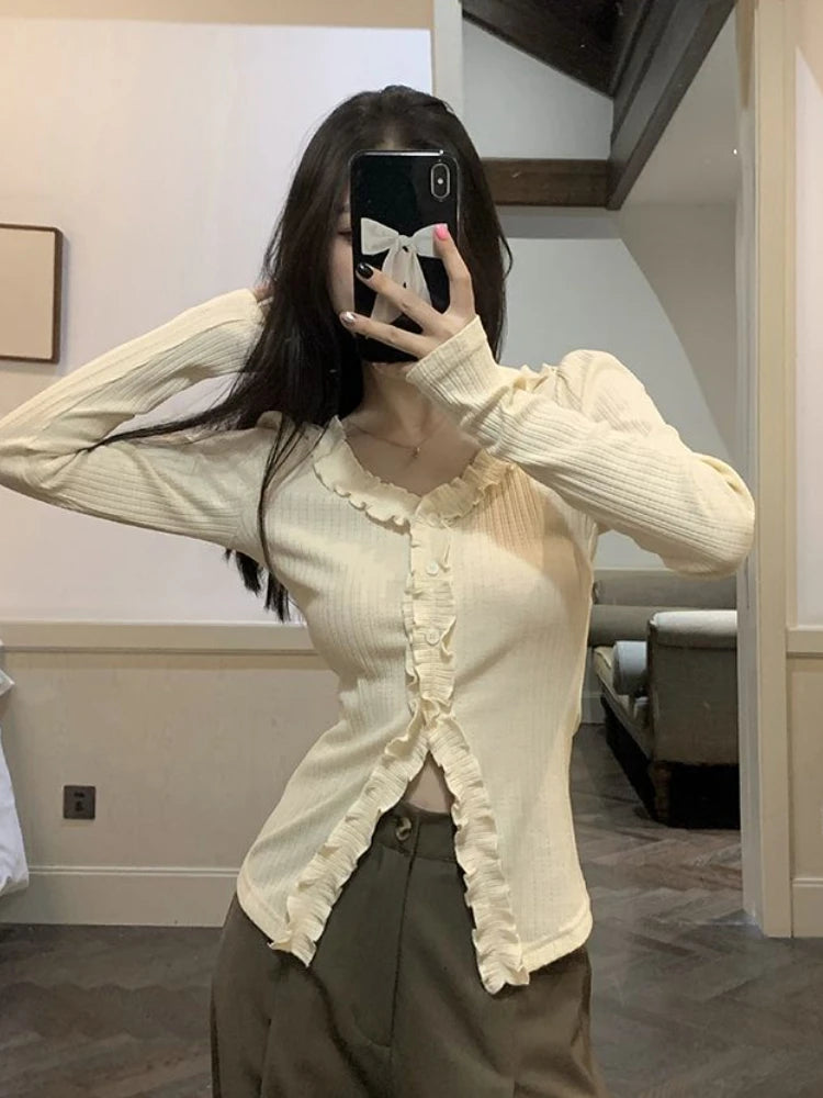 Dünne Hemden Frauen Langarm Frühling Elegante Büro Dame Vintage Rüschen Ziemlich Design Chic Gemütliche Tops Temperament Einfache Beliebt