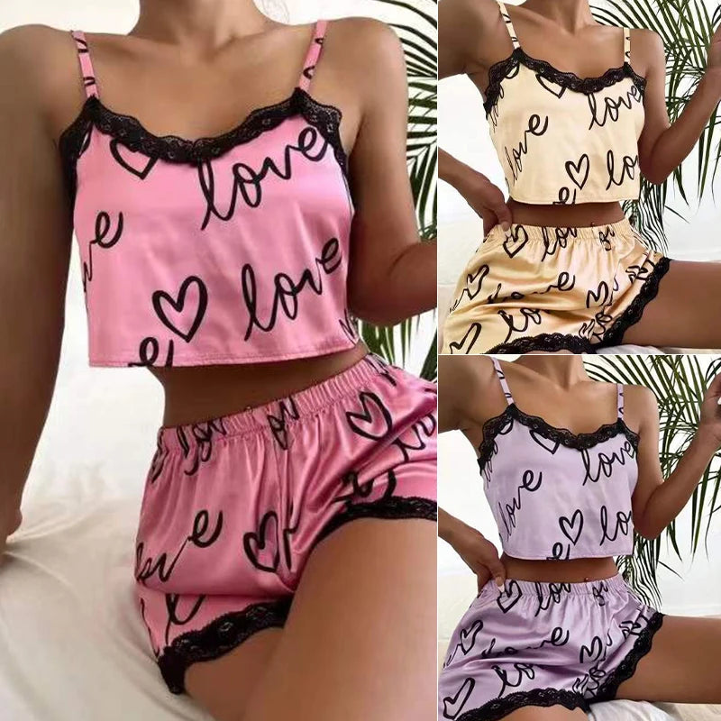 2 Stück Set Damen Pyjama Shorts Anzug Homewear Print Unterwäsche Pijama sexy Dessous Leibchen Panzer für Damen Nachtwäsche
