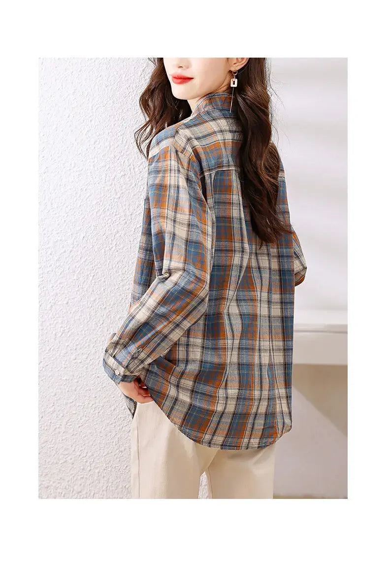 Kariertes Hemd für Frauen im Frühjahr und Herbst neues modisches und Retro-Hemd aus reiner Baumwolle, getragen mit einem fremden