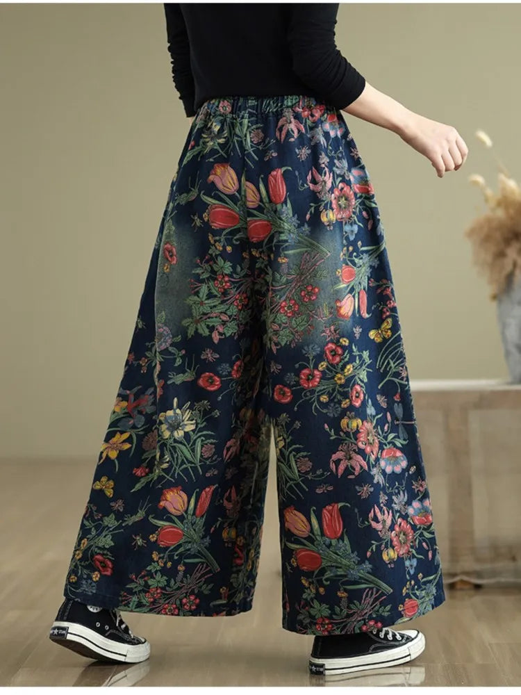 Jeans Blume Floral Print Herbst Breite Bein Hose Frauen Lose Gefaltete Mode Damen Übergroßen Hosen Elastische Taille Frau Hosen