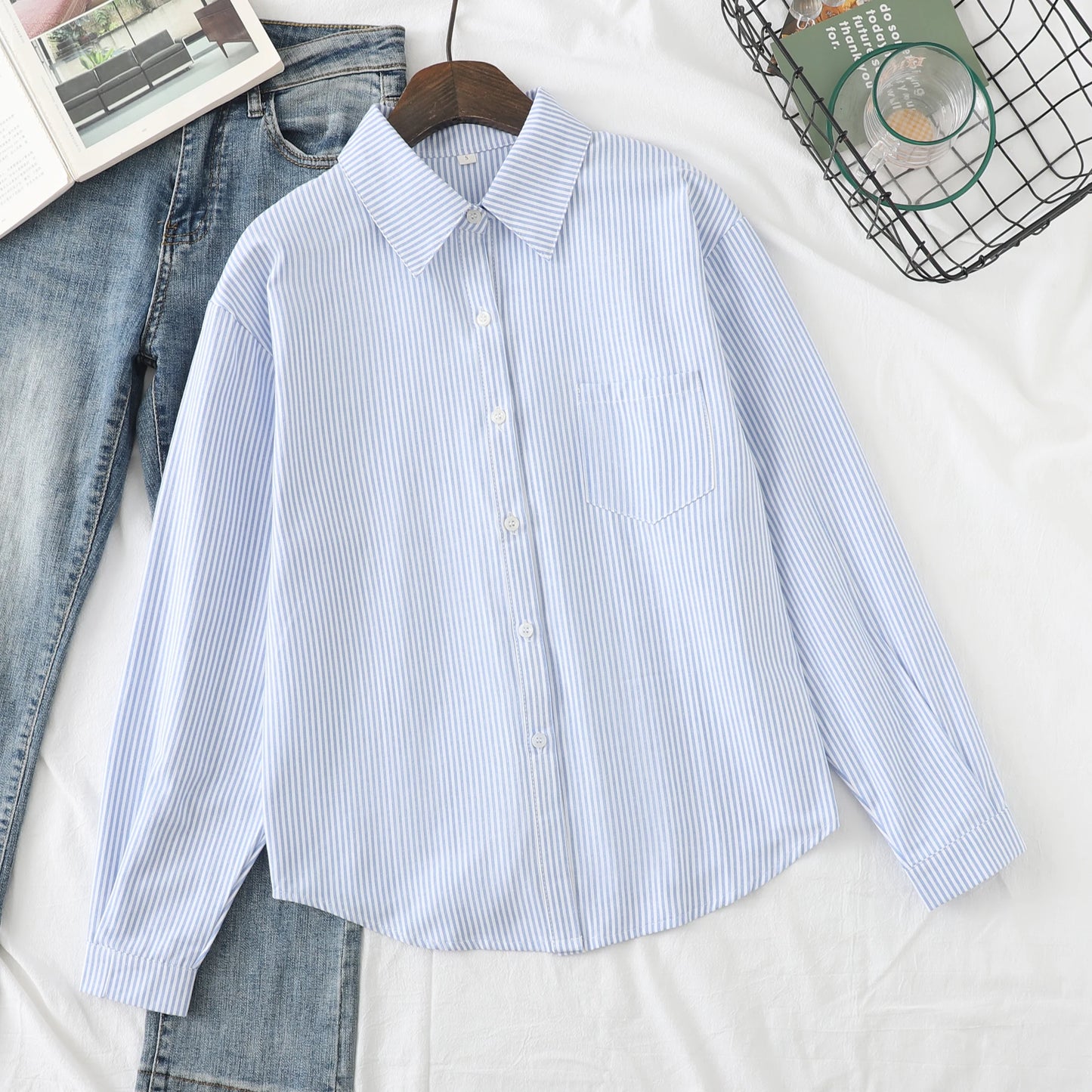 Einfache weiß blau rot gestreifte Hemd Frauen Frühling neue weibliche lässige Langarm Blusen und Tops Mode Damen Kleidung