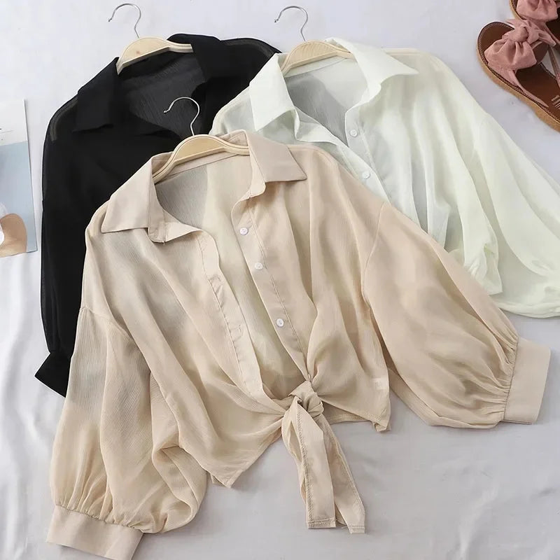 Sommer Frauen Chiffon Shirts Halbe Hülse Mit Knöpfen Hemd Neue Lose Beiläufige Bluse Gebunden Taille Elegante Blusen