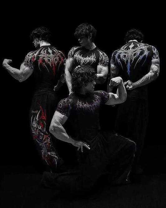 GYM-T-Shirt für Herren, dunkler Gothic-Druck, Muskel-T-Shirt, hohe Elastizität und schnell trocknende Übung für Bodybuilding-Training, 2025, Sommer