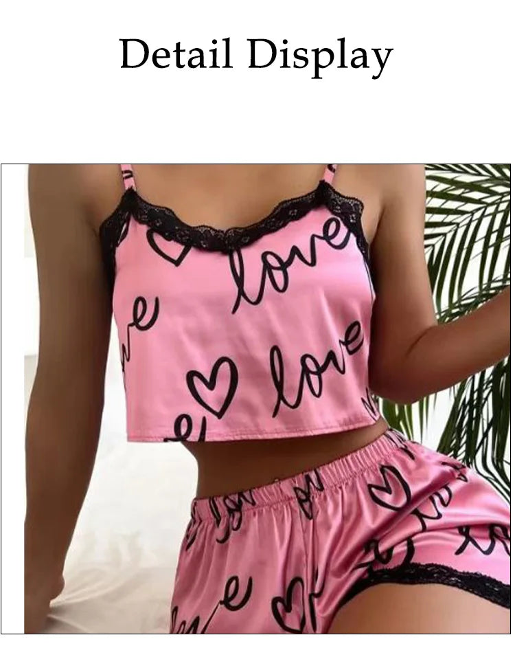 2 Stück Set Damen Pyjama Shorts Anzug Homewear Print Unterwäsche Pijama sexy Dessous Leibchen Panzer für Damen Nachtwäsche