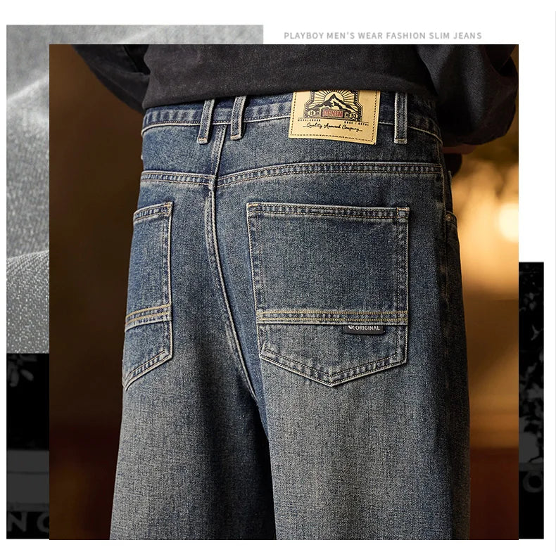 Herren-Jeans mit elastischem Bund, entspannte Passform, blaue Herrenjeans mit elastischem Bund, Reißverschluss und Knopf