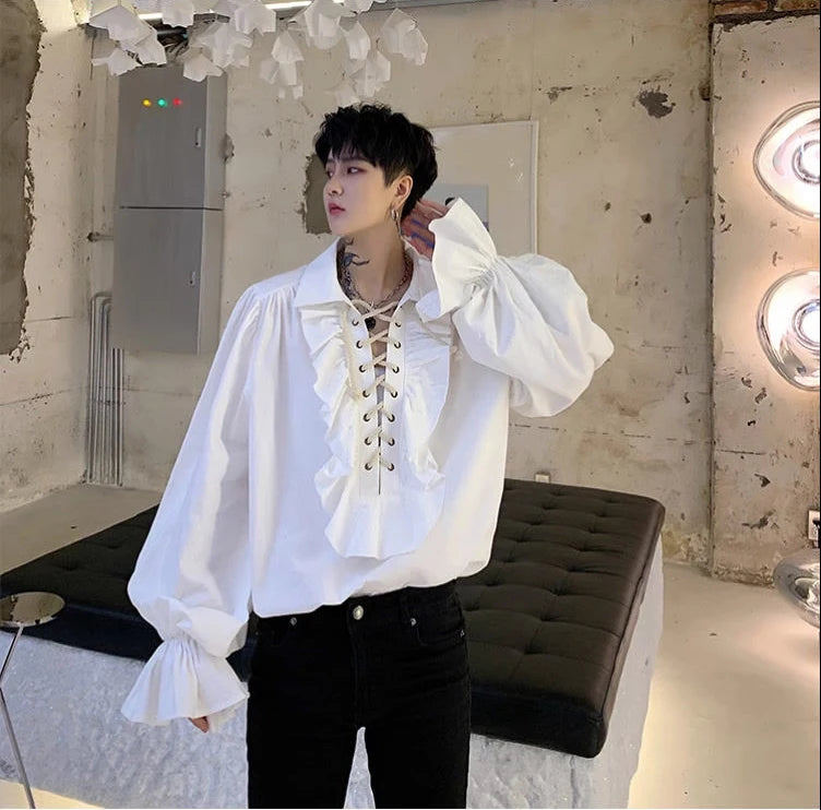 Piratenhemd für Herren, Vintage-Gothic-Renaissance-Stil, Rüschen, Schnürung, mittelalterliches Buccaneer-Blusenoberteil für alle Jahreszeiten