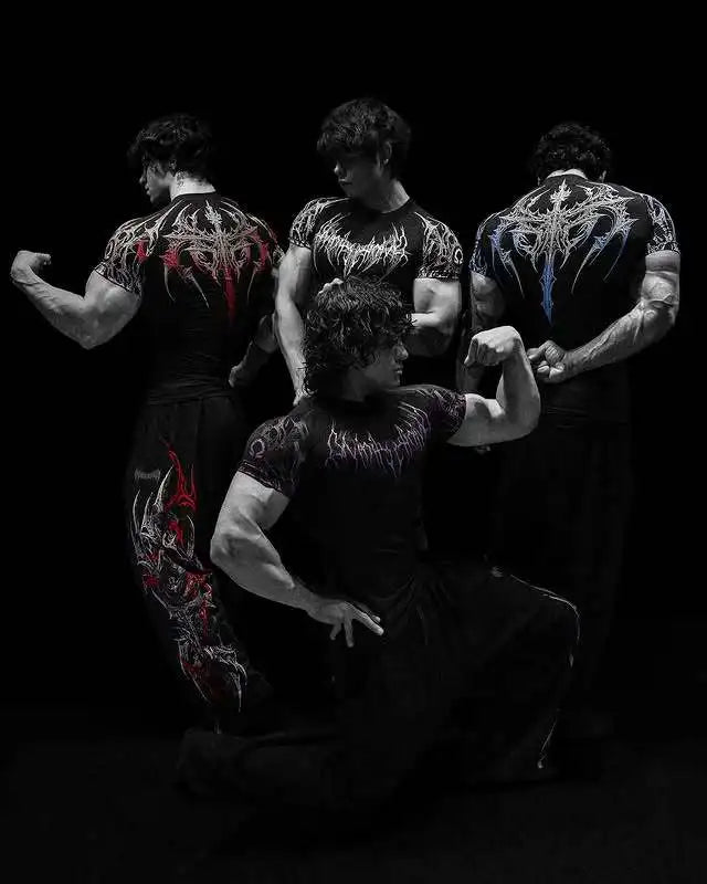 GYM-T-Shirt für Herren, dunkler Gothic-Druck, Muskel-T-Shirt, hohe Elastizität und schnell trocknende Übung für Bodybuilding-Training, 2025, Sommer