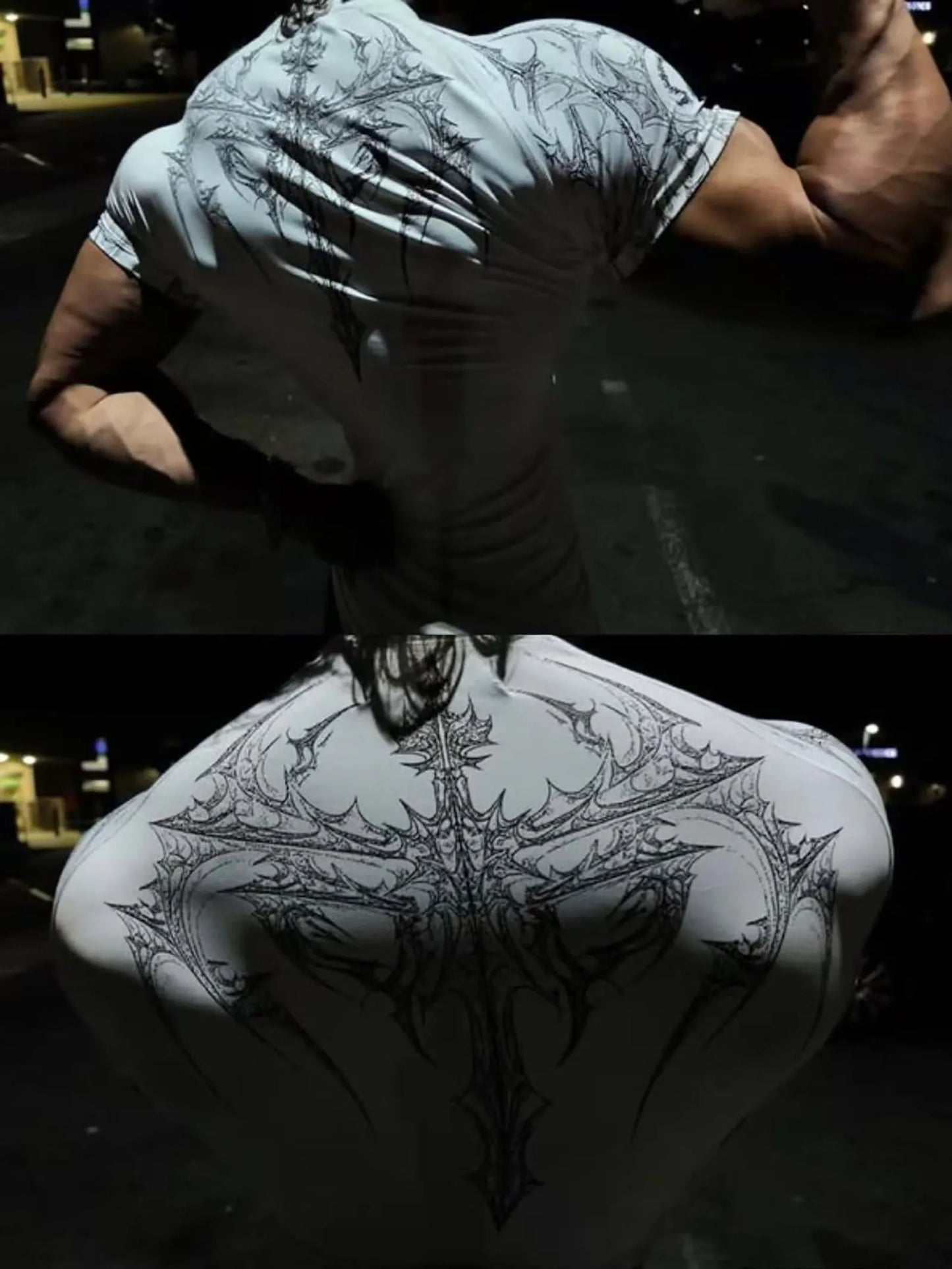 GYM-T-Shirt für Herren, dunkler Gothic-Druck, Muskel-T-Shirt, hohe Elastizität und schnell trocknende Übung für Bodybuilding-Training, 2025, Sommer