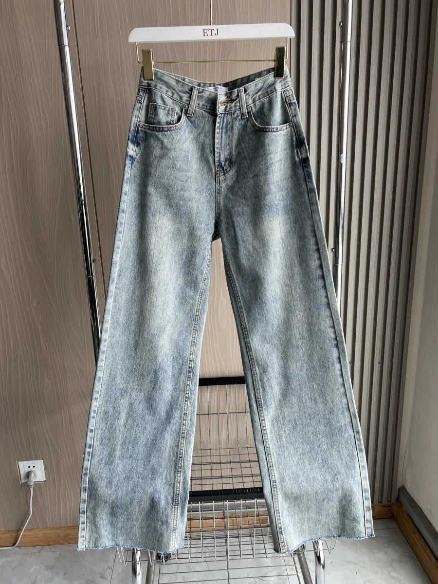 ETJ Damen-Jeans mit weitem Bein und hoher Taille, klassisch, alles mit fünf Taschen, gewaschen, weich, bequem, ultralange Jeans6045022