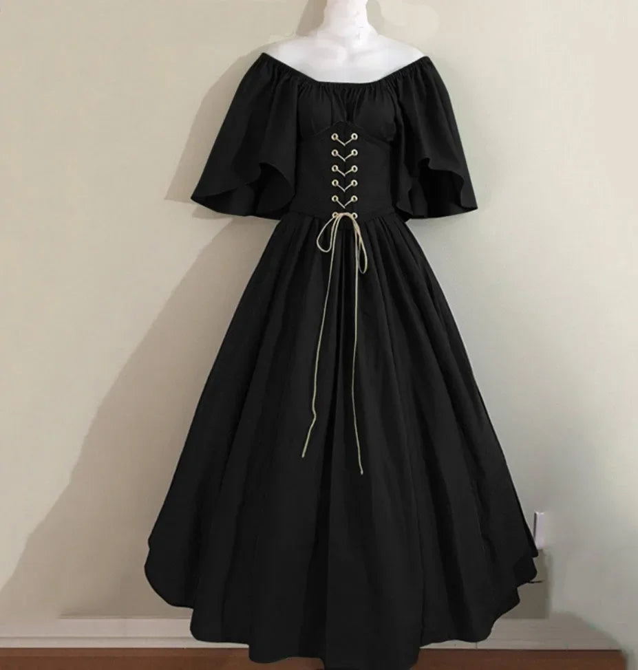 Halloween-Kostüme für Damen, mittelalterlich, Retro, Kontrastfarbe, schmales Swing-Kleid, Ein-Wort-Schulterkleid, Love Live Cosplay