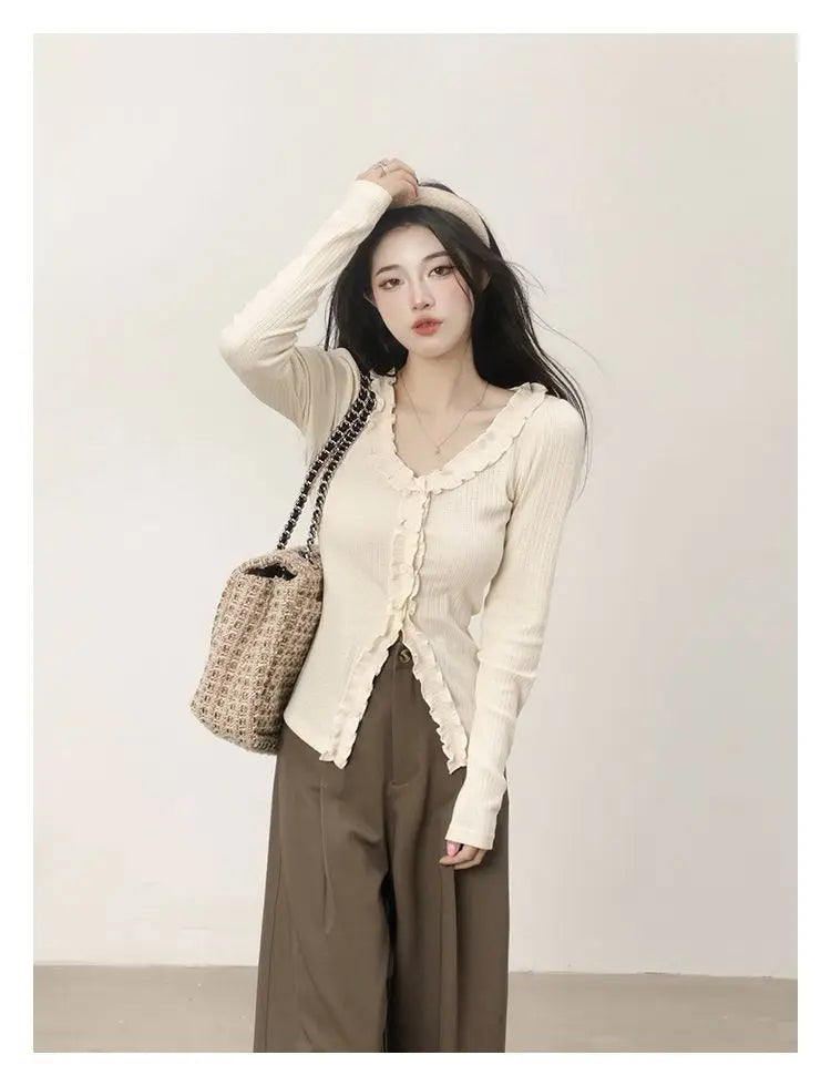 Dünne Hemden Frauen Langarm Frühling Elegante Büro Dame Vintage Rüschen Ziemlich Design Chic Gemütliche Tops Temperament Einfache Beliebt