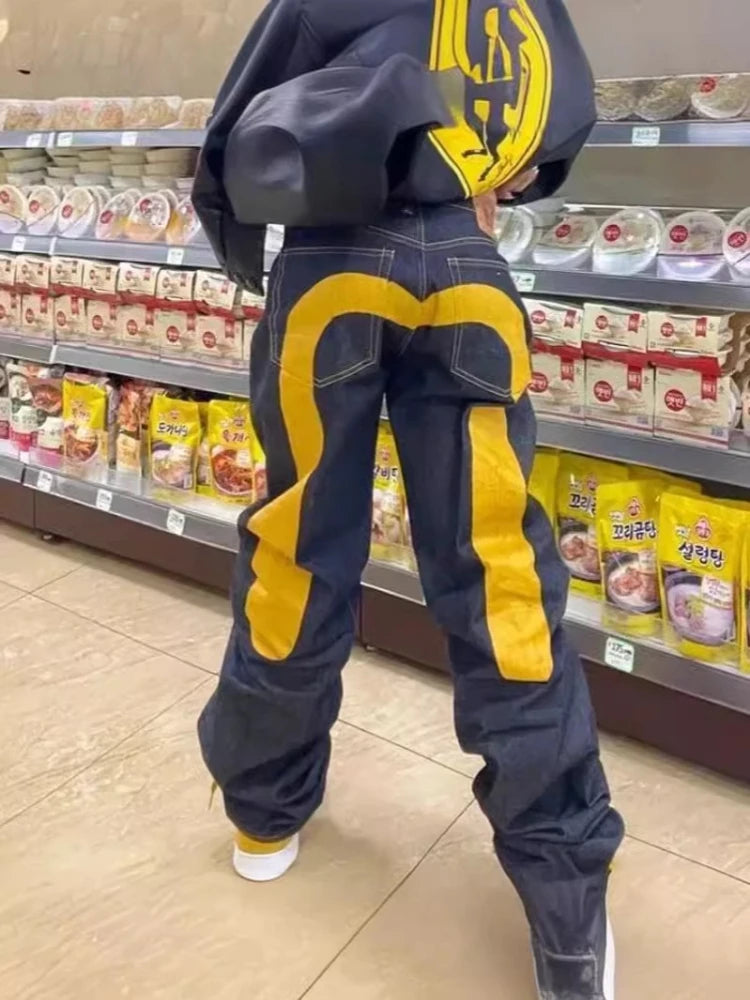 Europäische und amerikanische Hip-Hop-Jeans für Männer und Frauen, die vier Jahreszeiten bedruckt, trendige Hosen Gothic Y2K High Street Frühling und Sommer