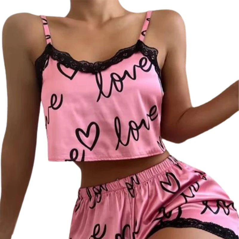 2 Stück Set Damen Pyjama Shorts Anzug Homewear Print Unterwäsche Pijama sexy Dessous Leibchen Panzer für Damen Nachtwäsche