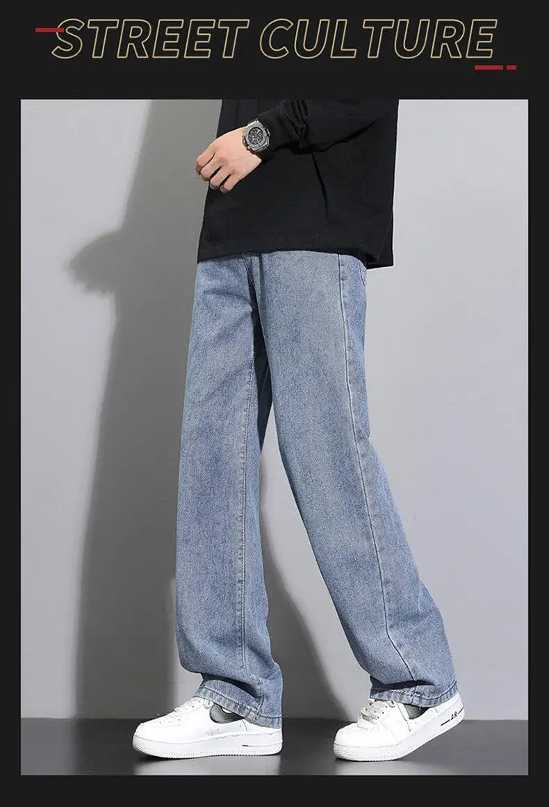 2025 neue Koreanische männer Casual Lange Jeans Klassische Mann Gerade Denim Breite bein Hosen Einfarbig Hellblau grau Schwarz