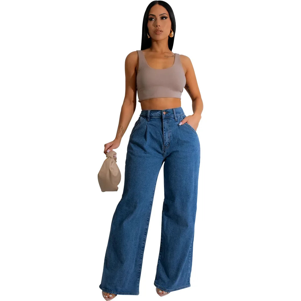 Jeans Frauen lange Hosen Denim weites Bein Hose Slim Fit lässig y2k Streetwear Knopf Tasche hohe Taille elegante gerade Hose
