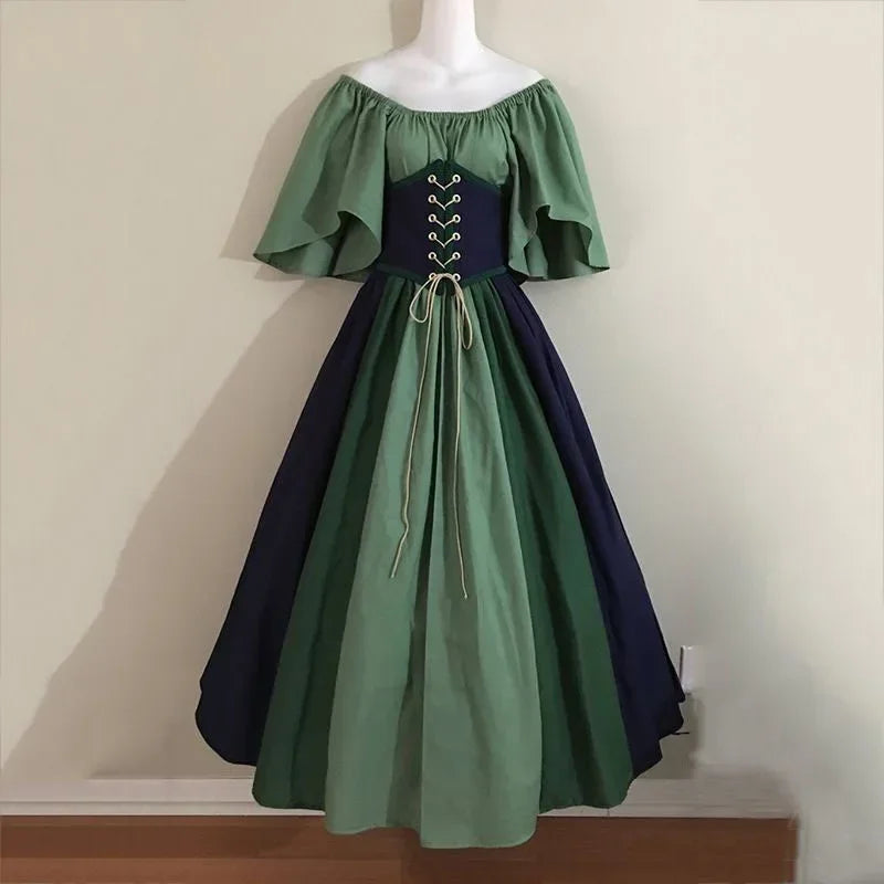 Halloween-Kostüme für Damen, mittelalterlich, Retro, Kontrastfarbe, schmales Swing-Kleid, Ein-Wort-Schulterkleid, Love Live Cosplay