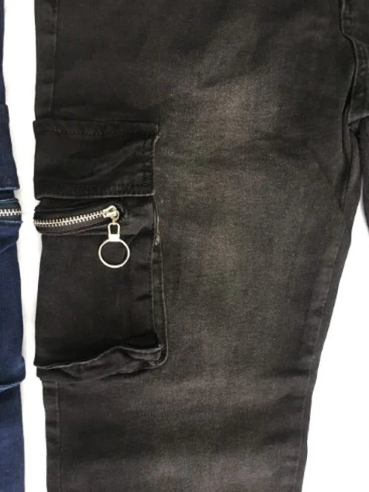 Jeans Männer Denim Cargo Hosen Waschen Einfarbig Multi Taschen Casual Mittlere Taille Hosen Straße Elasti Slim Fit Täglichen Tragen Jogger