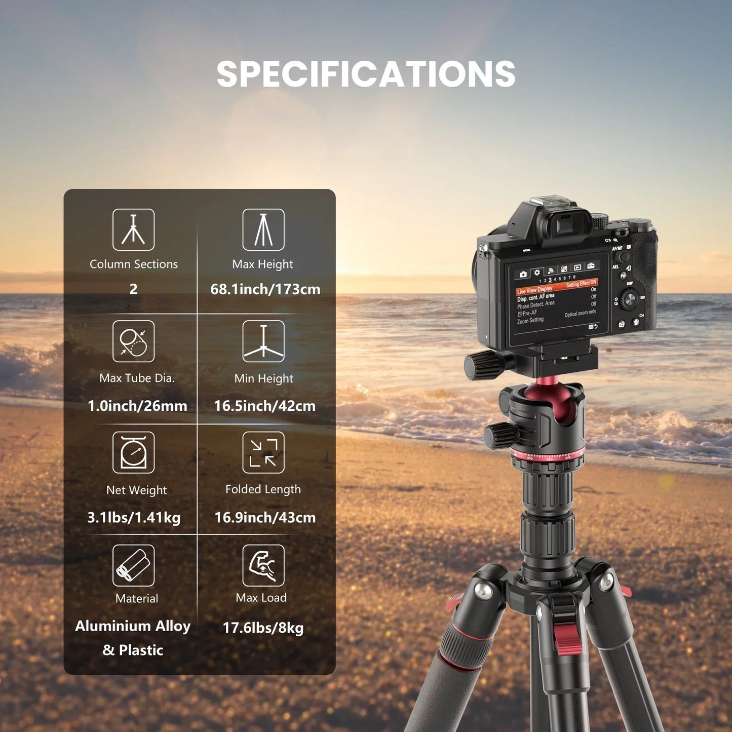 EVUMO GF2 Reisestativ, 1,73 m, Kamera aus Aluminiumlegierung, Telefon, leichter Ständer mit Arca Swiss Plate 360° °   Drehbarer Kugelkopf, 8 kg Belastung