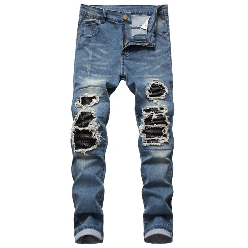 Jeans für Männer High Street mit Löchern und schwarzen Spitzen Slim Fit Jeans und Herren hosen
