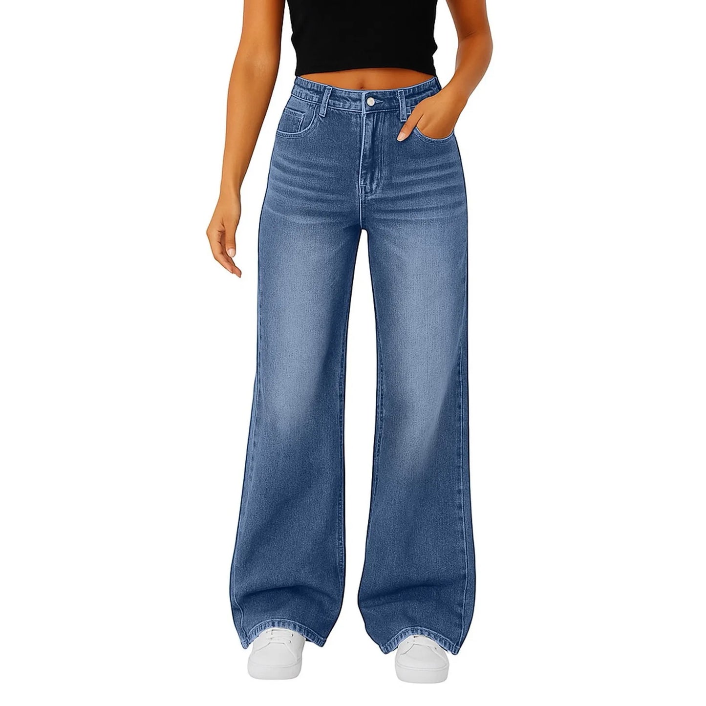 Jeans mit weitem Bein für Damen, hellblau, hohe Taille, schlichtes Design, modische Hose, locker sitzende Hose mit hohem Bund, geeignet für den Alltag